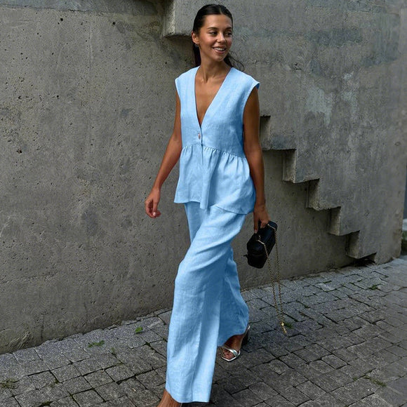 Summer Deep V Plunge Button Sleeveless Top Baggy Straight Trousers Solid Color Set