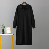 Autumn Winter Polo Collar Base Knitting Loose Solid Color Women Dress