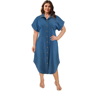 Plus Size Women Clothing Denim Short Sleeved Button Mid Length Width Dress