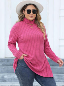 Plus Size Women Clothes Turtleneck Slim Bottoming Shirt Pit Striped Slit Mid Length T Shirt