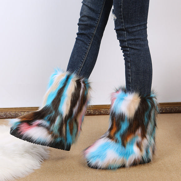 Floral Print Plush Mid Calf Length Snow Boots Women plus Size Fur Women Boots