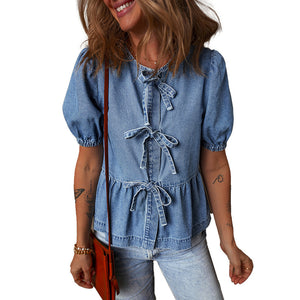 Summer Solid Color Denim Shirt Women Casual All Matching Pullover round Neck Puff Sleeve Top Women