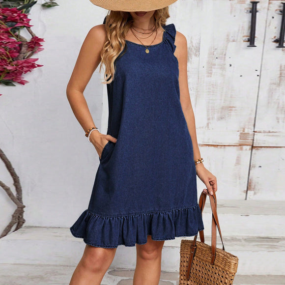 Women Clothing Denim Dress round Neck Sleeveless Pleated Edge Short Dress