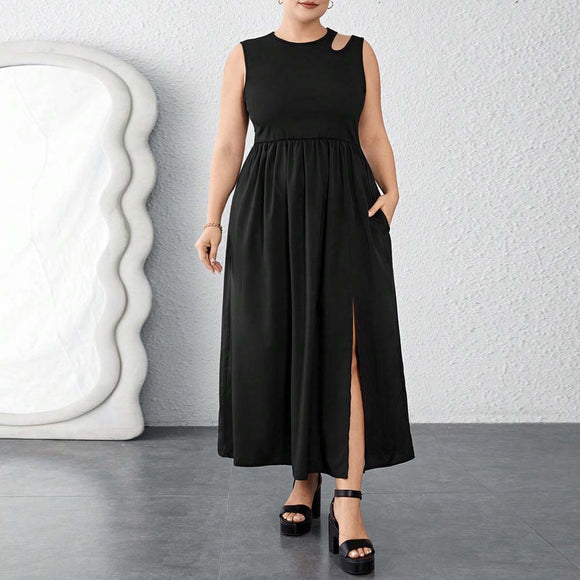 Plus Size Summer Round Neck Waist Trimming Split Maxi Dress Vest Sleeveless Stitching Dress