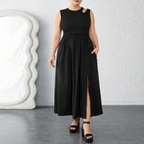 Plus Size Summer Round Neck Waist Trimming Split Maxi Dress Vest Sleeveless Stitching Dress
