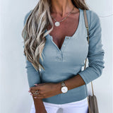 Autumn Winter Women Solid Color Long Sleeve Slim Fit Pullover Button T-shirt Top Plus Size