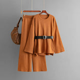 Women Autumn Winter Knitted Belt Top Loose High Waist Wide Leg Pants Two Piece Sets