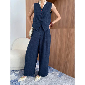 Early Spring High End Sense Old Money V neck Vest Wide Leg Pants Set