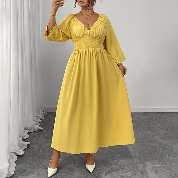 Dress Women Clothing Sexy Deep V Plunge neck Yellow Dress High Waist Slimming Dress
