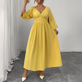 Dress Women Clothing Sexy Deep V Plunge neck Yellow Dress High Waist Slimming Dress