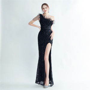 Heavy Industry Ostrich Hair Craft Beading Hair Oblique Shoulder Side Slit High End Evening Dress