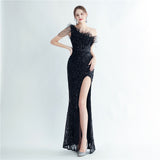 Heavy Industry Ostrich Hair Craft Beading Hair Oblique Shoulder Side Slit High End Evening Dress