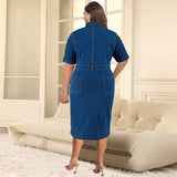 Plus Size Women Clothing Denim Collared Short Sleeve Split Mid Length Dress