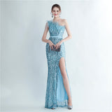 Heavy Industry Ostrich Hair Craft Beading Hair Oblique Shoulder Side Slit High End Evening Dress