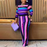 Plus Size Women Clothes Autumn round Neck Long Sleeve Striped Leggings