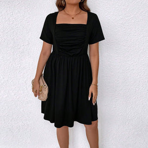 plus Size Women Clothes Spring Summer Shein Square Neck Cinched Short Sleeve Dress