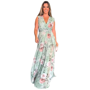 Elegant Chiffon Sleeveless Summer Floral Print Slit Tank Top Women Dress