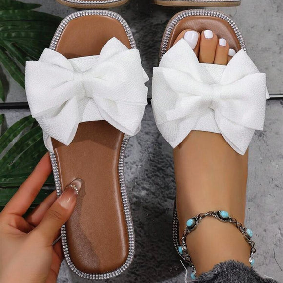 Flat Square Toe Slippers Women Outer Wear Bow Flat Heel Cloth Sandals