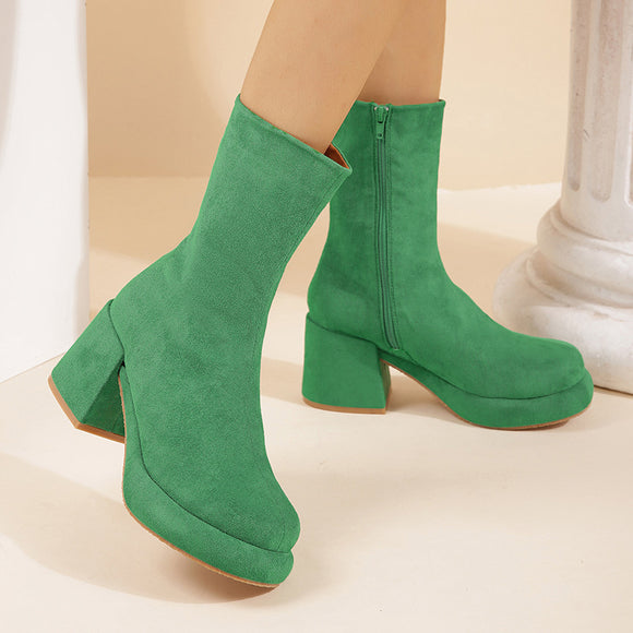 Chunky Heel Martin Boots round Toe Side Zipper Mid Boots Suede Simple Mid Heel Slimming Sleeve Boots