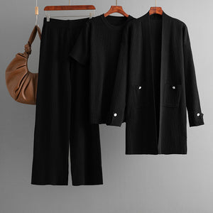Women Autumn Winter Short Sleeved Shirt Mid Length Cardigan Coat Wide Leg Pants Three Piece Set