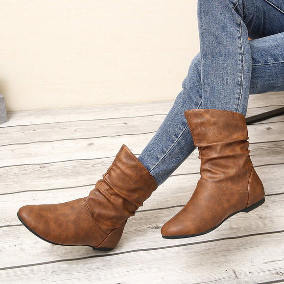 Casual Boots round Toe Low Heel Low Top Sleeve Faux Leather Boots All-Match Simple Sl on