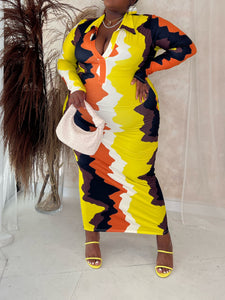 Plus Size Women Clothing Office Daily Polo Collar Irregular Asymmetric Pattern Print Long Sleeve Narrow Dress