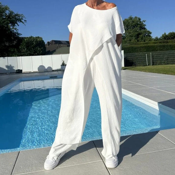 Casual Irregular Asymmetric Solid Color Long Short Sleeve Top Loose Pants Cotton Linen Two Piece Sets