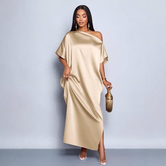 Women Clothing Early Autumn Satin Dress Yellow Satin Maxi Dress