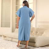 Plus Size Women Clothing Denim Collared Short Sleeve Zipper Mid Length Dress