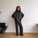 High Neck Split Wool Sweater Women Loose Casual Lazy Knitted Trousers Two Piece Set