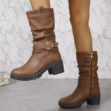 Brown Pleated Side Zipper Rivet Mid Calf Chunky Heel Thick Bottom round Toe All Matching Casual Women Boots