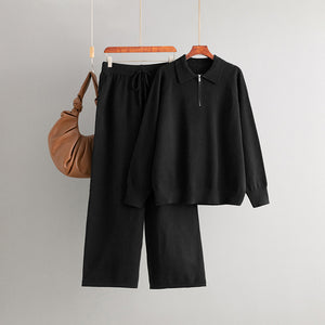Women Autumn Winter Polo Collar Half Zipper Casual Knitted Sweater Wide Leg Pants Two Piece Set