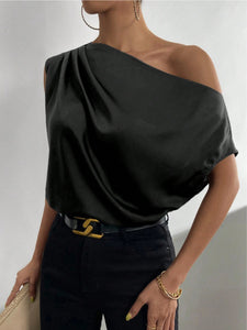 Spring Solid Color Satin Artificial Silk Irregular Asymmetric Shoulder off Shoulder Pullover Sleeveless Shirt Women Clothing