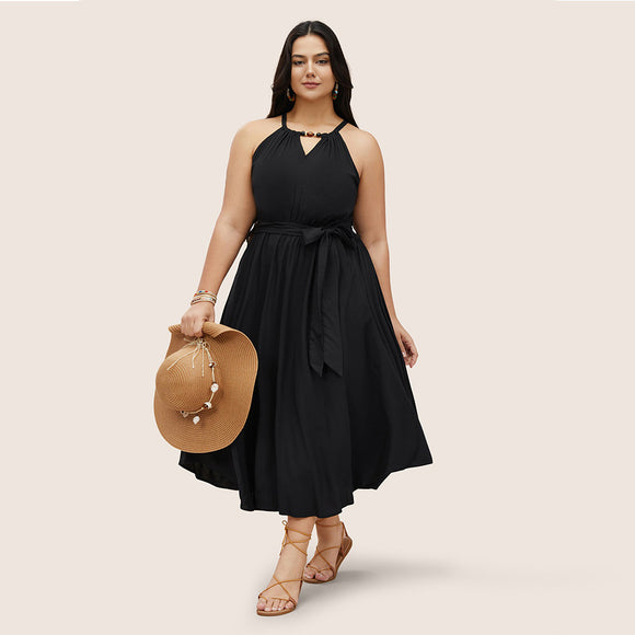Plus Size Women V neck Sleeveless Sling Dress Summer Vacation Beach Dress