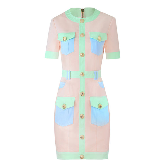 Mid Length Dress High Waist Denim Stitching Contrast Color Elegant Dress High Grade Women Clothing