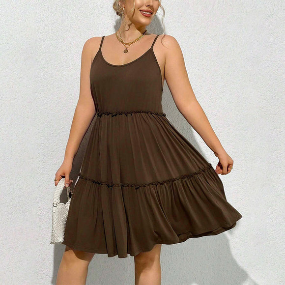 Plus Size Women Elegant U Neck Dress Summer High Waist Pullover Solid Color Midi Dress