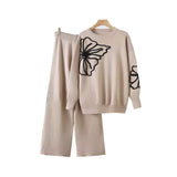 Autumn Winter Crew Neck Pullover Sweater Women Floral Line All Match Top Two Piece Sets