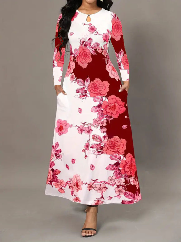 Women Clothing round Neck Long Sleeve Printed Pocket Cinched Swing Dress plus Size Maxi Dress Women
