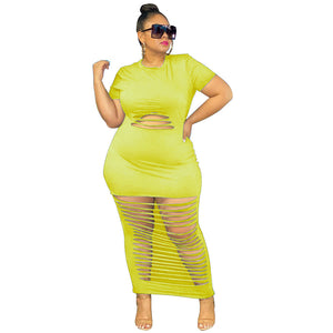 Plus Size Sexy Holes Solid Color Nightclub Dress
