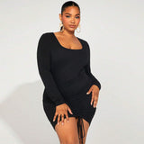 Plus Size Women Clothes Fall Winter Slim Fit Sheath Square Collar Long Sleeve Solid Color Dress