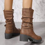 Brown Pleated Side Zipper Rivet Mid Calf Chunky Heel Thick Bottom round Toe All Matching Casual Women Boots