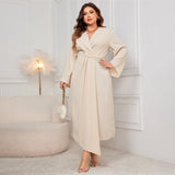 Plus Size Long Sleeve Dress Waist Controlled Slim Irregular Asymmetric Cut Dress