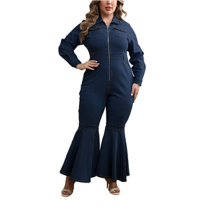 Plus Size Women Denim Zipper Collared Long Sleeve Flared Jumpsuit