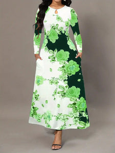 Women Clothing round Neck Long Sleeve Printed Pocket Cinched Swing Dress plus Size Maxi Dress Women