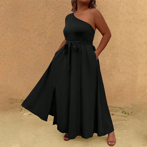 Plus Size Women Clothing Socialite Dress Summer One Shoulder Cold Shoulder High Grade Dress