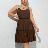 Plus Size Women Elegant U Neck Dress Summer High Waist Pullover Solid Color Midi Dress