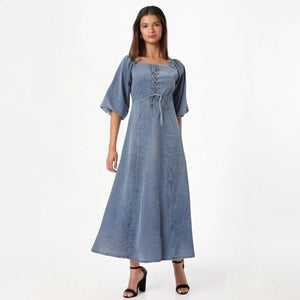 Square Mouth Long Sleeve Lantern Sleeve Waist Tight Solid Color Long A line Denim Thin Dress