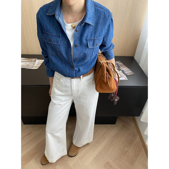 Early Autumn Relaxed Old Money Flip Pocket Design Bandage Dress Casual Denim Shirt