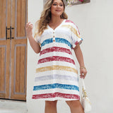 Plus Size Sexy Dress Spring Summer Loose V neck Striped Printed Dress