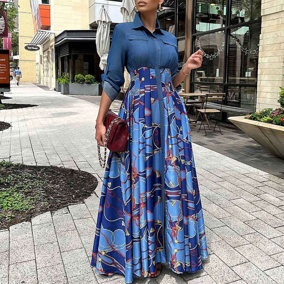 Autumn Winter Women Clothing Casual Denim Stitching Printing Maxi Dress Shirt Dress